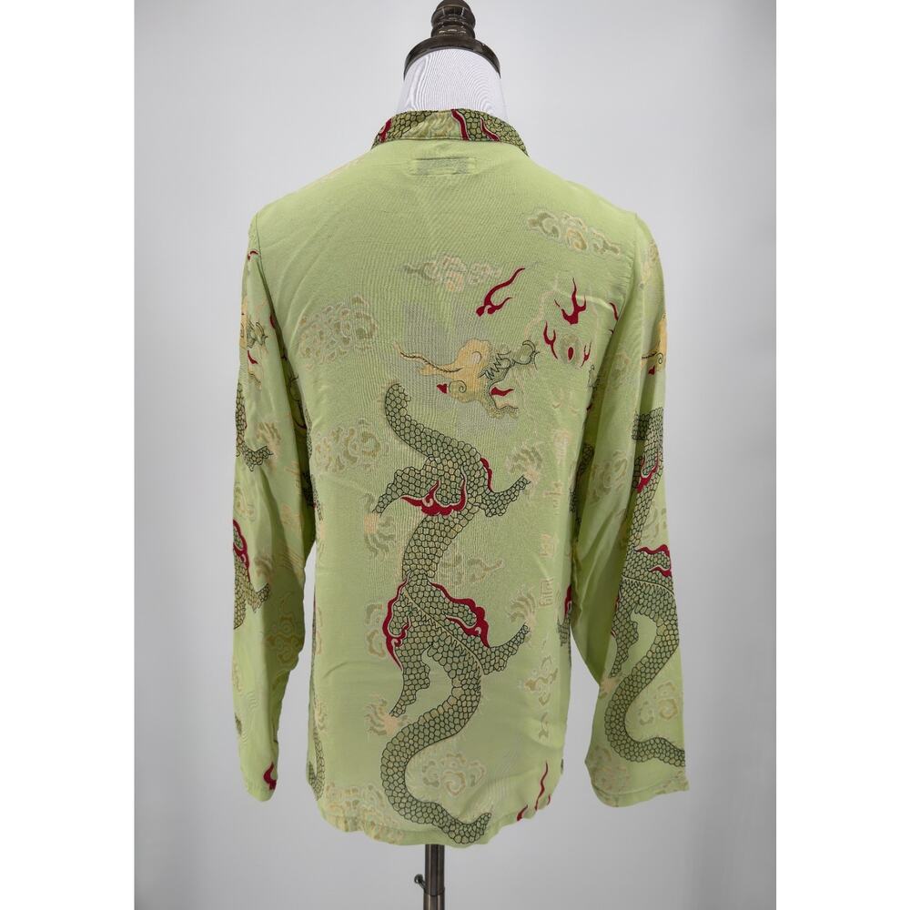 Citron Santa Monica Lime Green Chinese Dragon Graphic Button Up Blouse Top Sz M - Picture 3 of 4